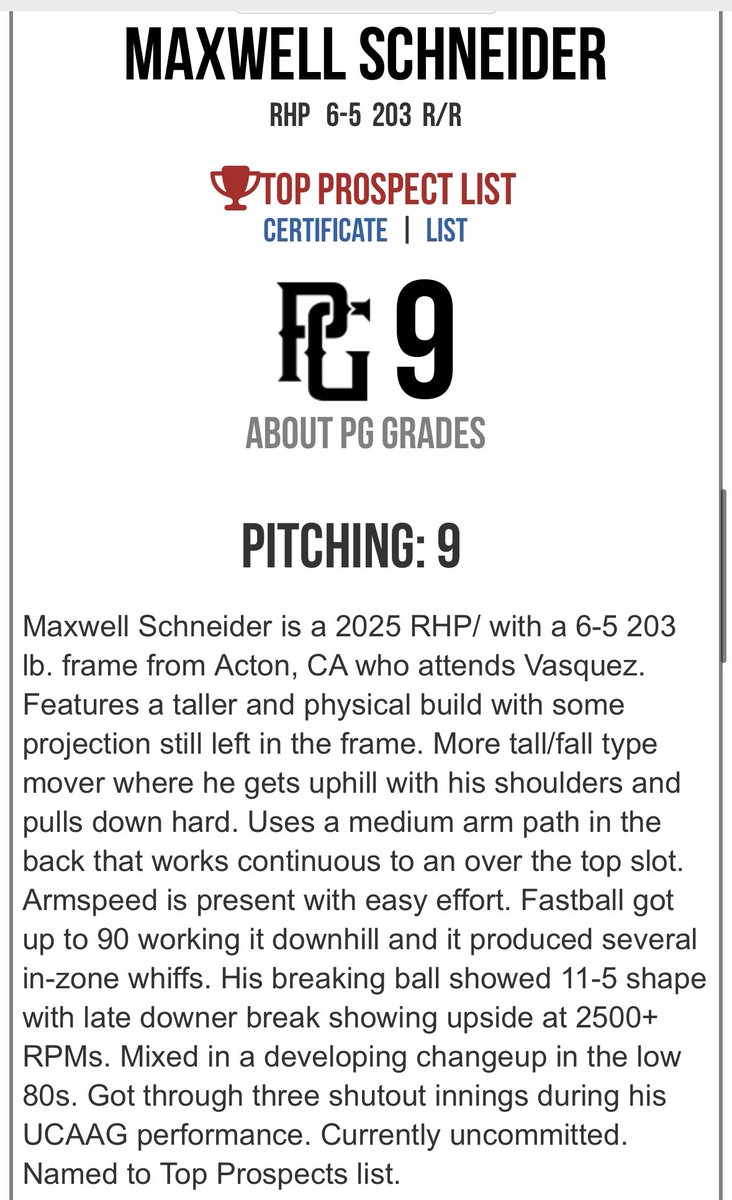 Thank you @PerfectGameUSA for the grade from #PGUCAA @GBGbaseballUSA @throwzone