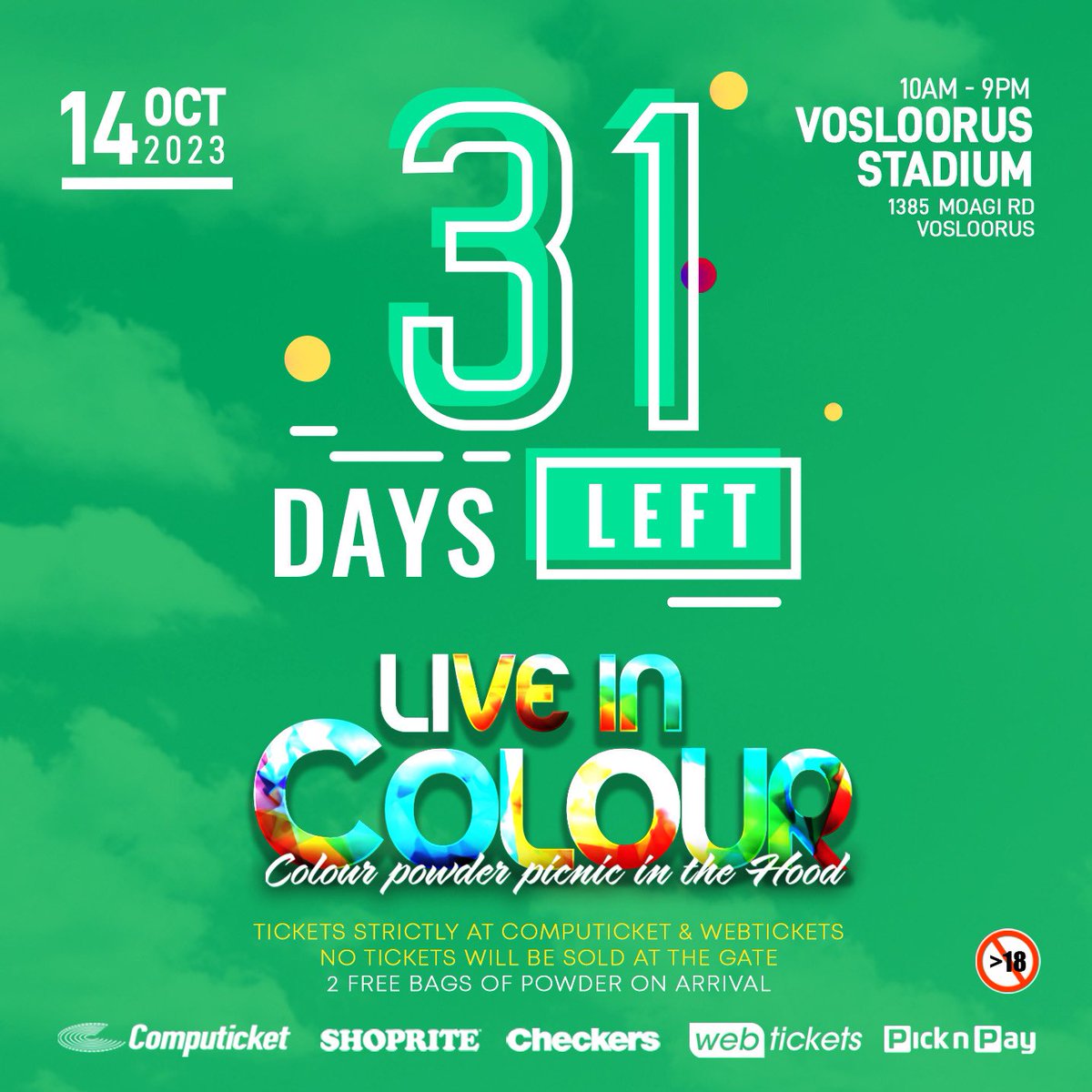 live_incolour's tweet photo. 31 Days to go to the most colourful day in the East! See you on the 14th of October at Vosloorus at exactly 10am 😁
#Liveincolourpicnic
#14October2023
#VosloorusStadium https://t.co/HUv1yVtnBC