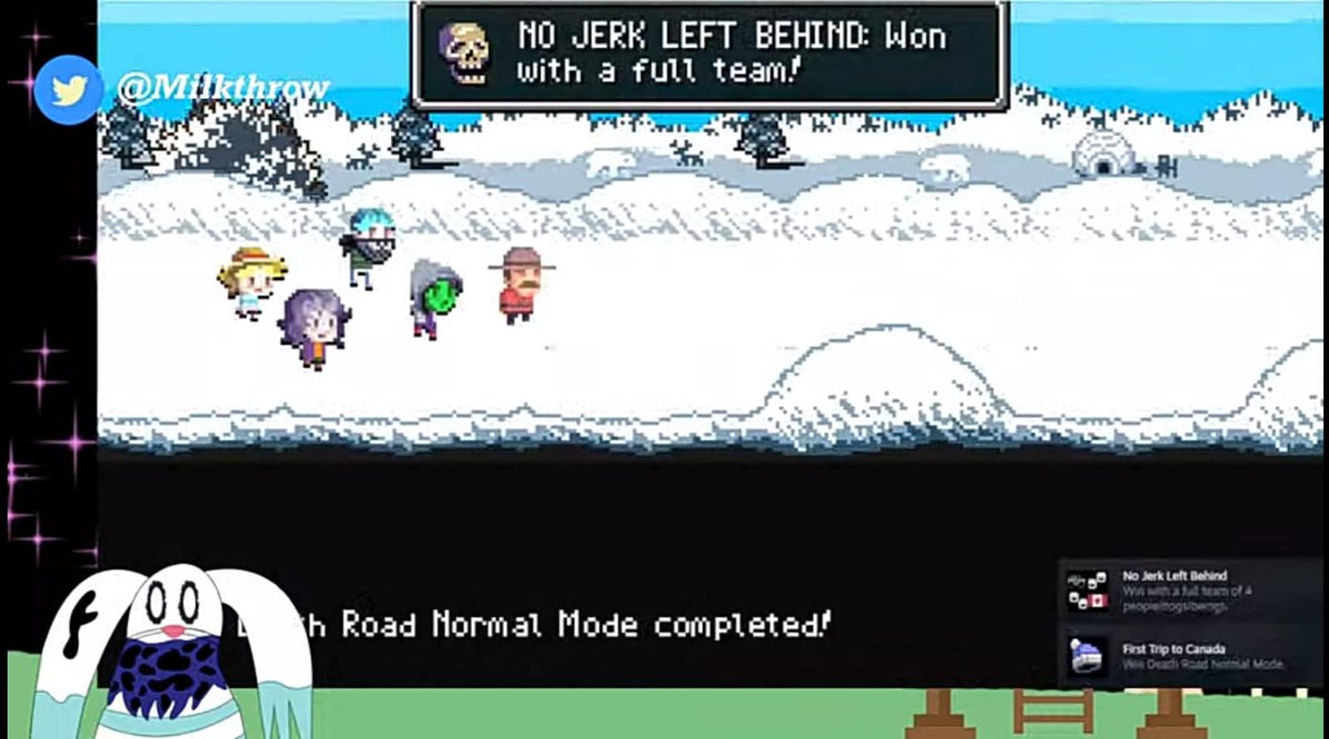 Milkthrow's tweet photo. I played tons of Death Road to Canada on my Switch but I'm happy that I won my first Steam run on stream!
Can't wait to play more game modes and telling people to COOL IT! 🧟‍♀️🇨🇦 https://t.co/UU8mERTcwC