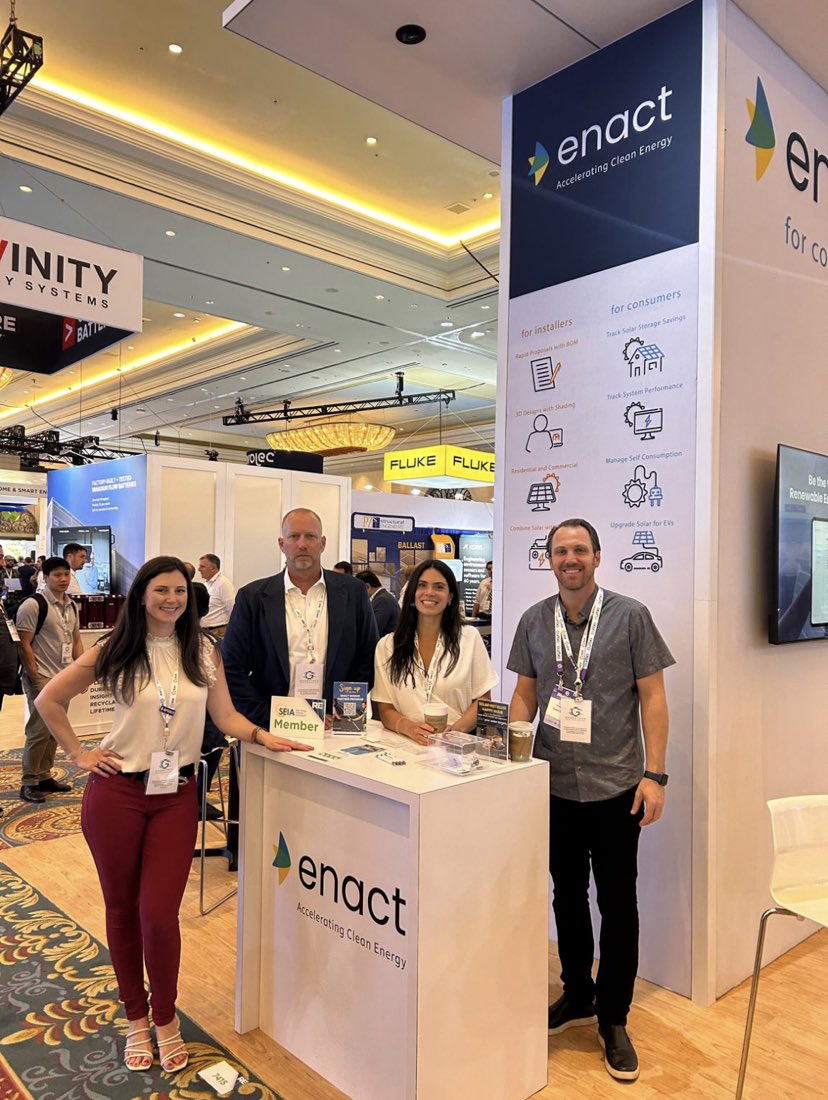 ENACTSOLAR's tweet image. First day at @REPlusEvents in Las Vegas, NV. Showcasing our latest version of the Enact platform, benfefits of the Enact Home app, and the launch of the Enact Parter Portal. 

Stop by booth #7415 to chat with the team!

#replus23 #solarandstorage #solarconference #renewableenergy
