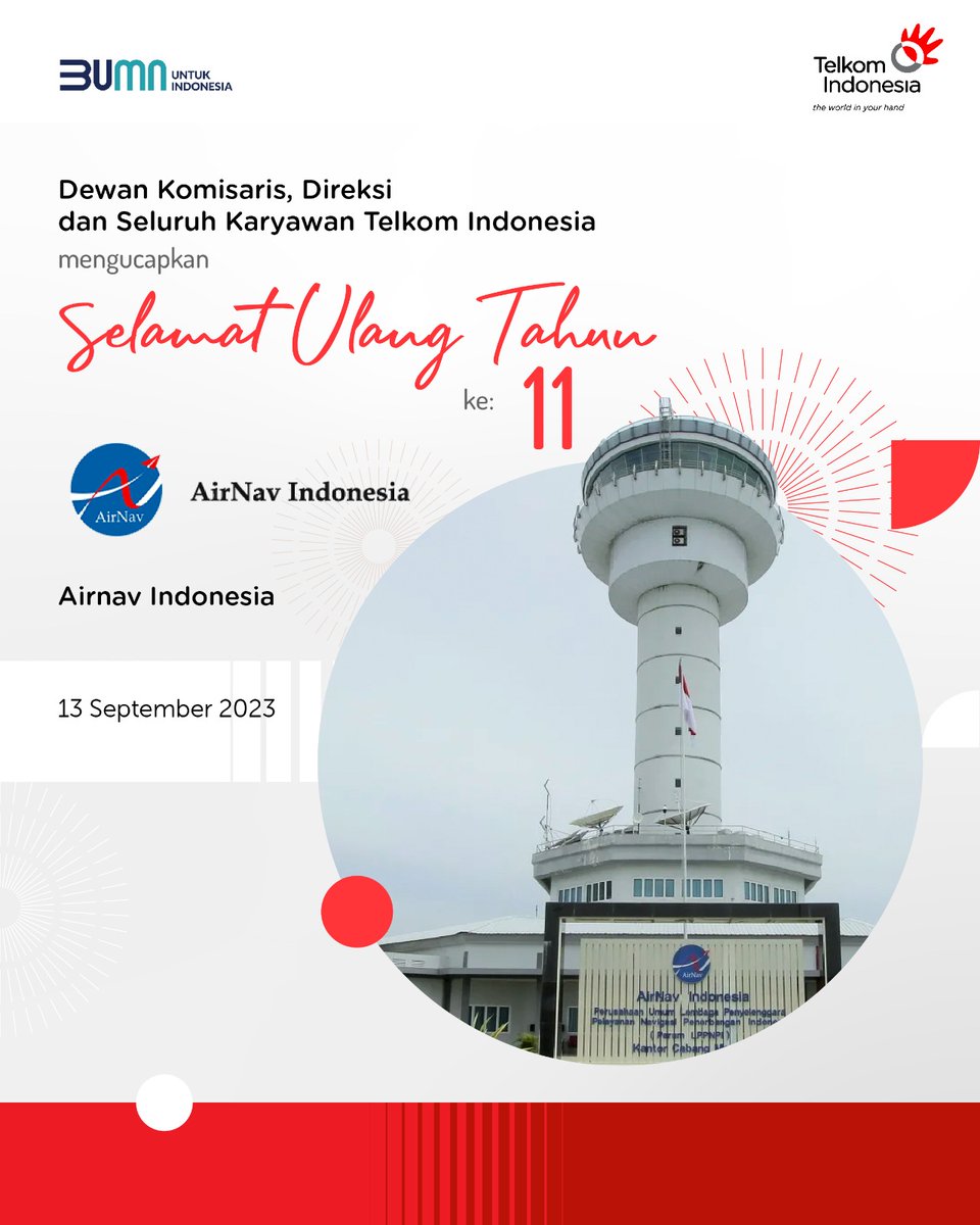 TelkomIndonesia's tweet photo. Selamat Ulang Tahun @AirNav_Official, terus sukses menjadi penyedia jasa navigasi penerbangan bertaraf internasional.

#ElevatingYourFuture https://t.co/oLHnIxHANd
