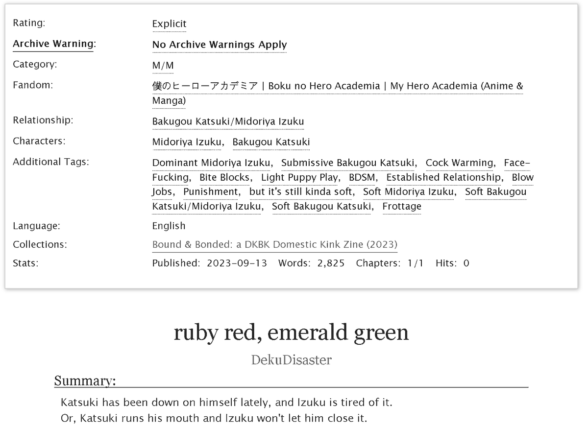 Here's my piece for <a href="/BoundBondedDKBK/">Bound & Bonded: a DKBK Domestic Kink Zine-Complete</a>! You'll find a link to my fic and instructions on how to get the FREE zine full of DKBK goodness below!

"ruby red, emerald green"
link below ⬇