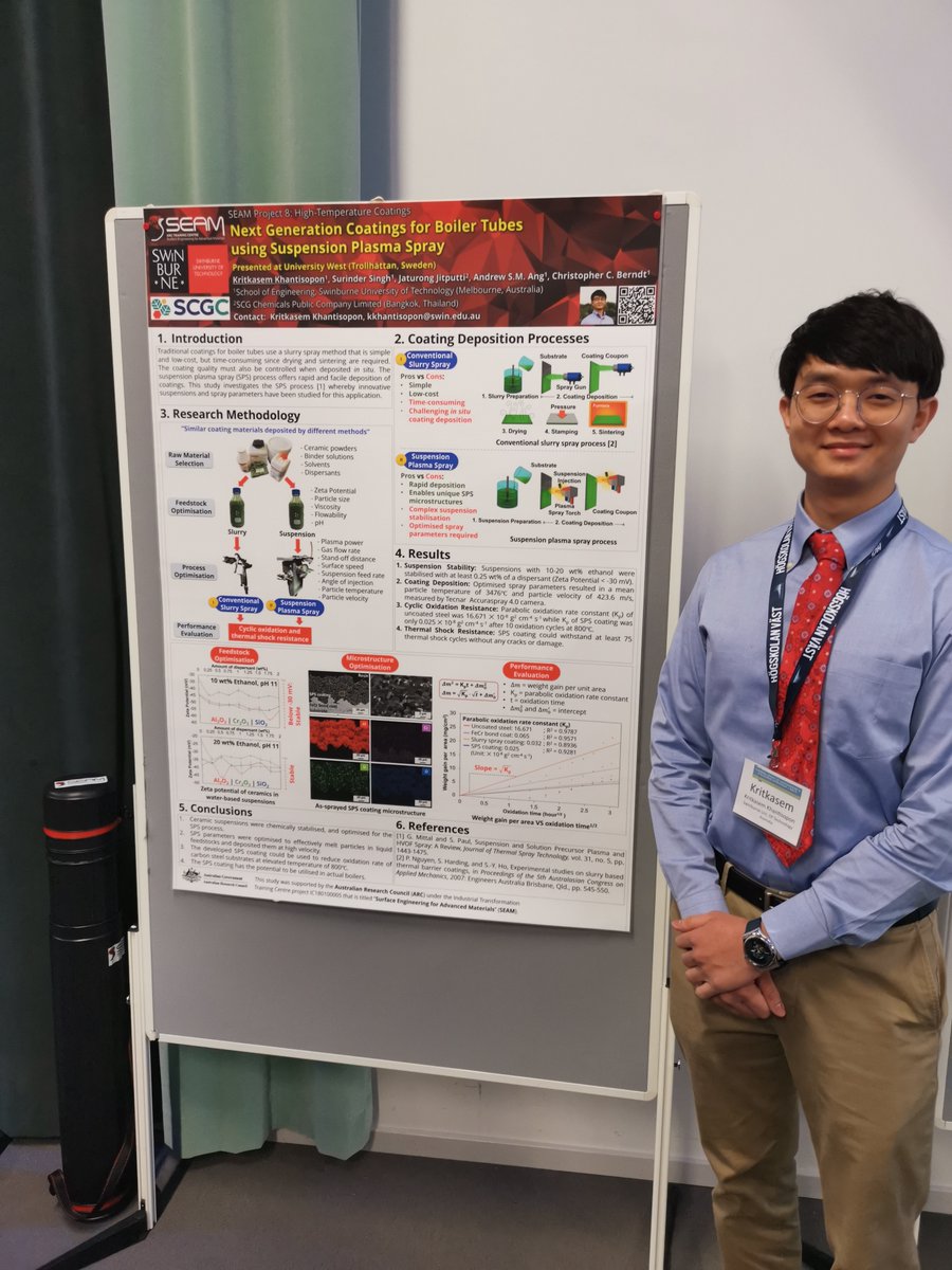 arcseam's tweet photo. It is great to see presence of #SEAM_ARC in international conferences!
Kritkasem (Kris) Khantisopon presenting his poster titled "Next Generation Coatings for Boiler Tubes using Suspension Plasma Spray" at the TS4E|2023 hosted by University West, Sweden. https://t.co/tgDNxaOJCC