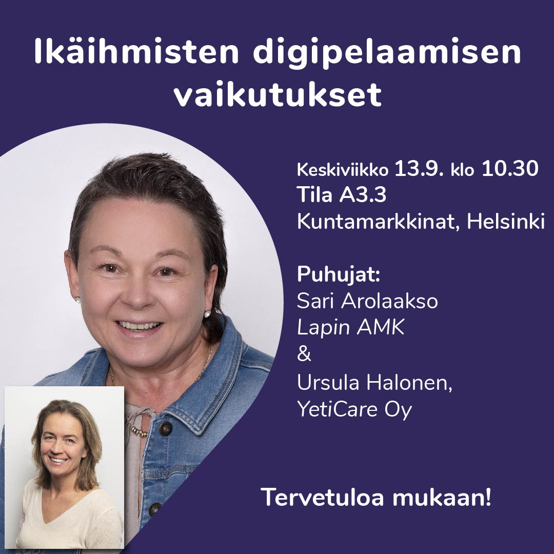 Digipelaamisen vaikutukset ikäihmisten hyvinvointiin
Tietoisku Kuntatalolla tänään keskiviikkona 13.9. kello 10:30, tilassa A3.3
Tervetuloa mukaan kuuntelemaan, kuinka digitaalinen pelaaminen vaikuttaa ikäihmisten hyvinvointiin vanhustenhuollossa, kotona ja palveluasumisessa.