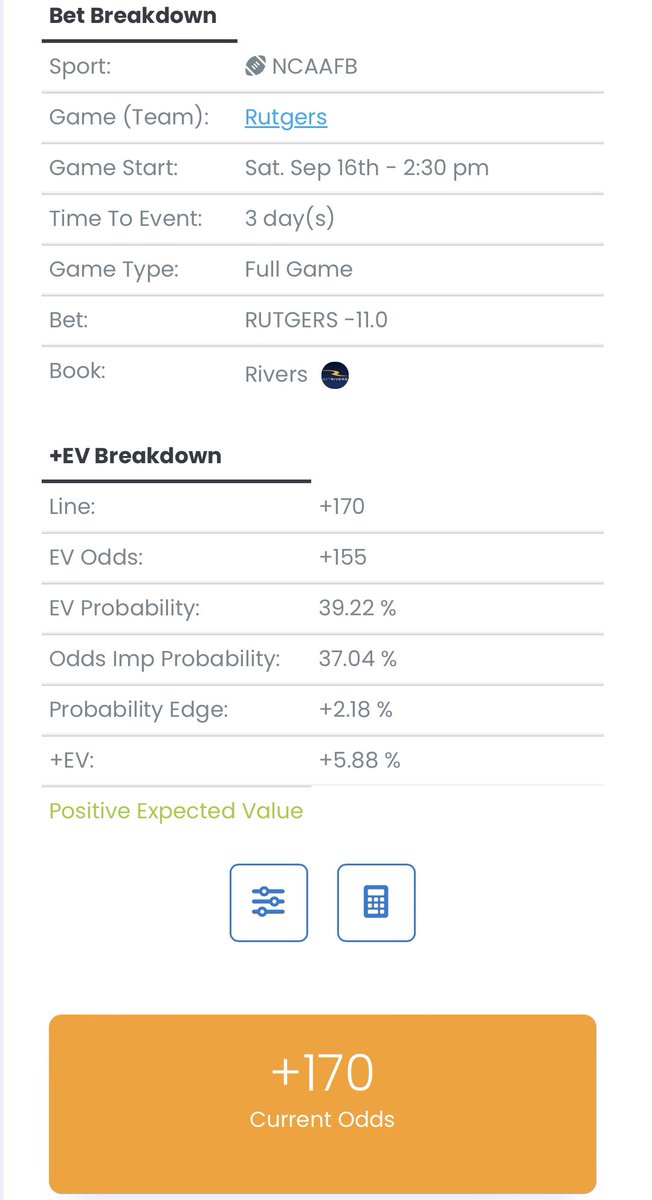 SB_Intel's tweet image. The Rutgers alt spread of -11 at +170 on BetRivers is 5.9% +EV to the fair value line of +155. 

Rutgers and Virginia Tech kick off at 2:30 pm on Saturday.

#sportsbetting #plusEV #positiveEV #NCAAF #Rutgers #VirginiaTech