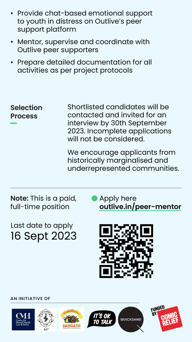 CMHLPIndia's tweet photo. 📢 Applications for Peer Mentors closing soon!

We are looking for 4 Peer Mentors for our youth suicide prevention project, Outlive.

Apply here: https://t.co/ptRbHjFz09

Refer to the flyer for more details.

#YouthSuicidePrevention #YouthEmpowerment #Hiring #MentalHealthJobs https://t.co/7QDiho0vjG