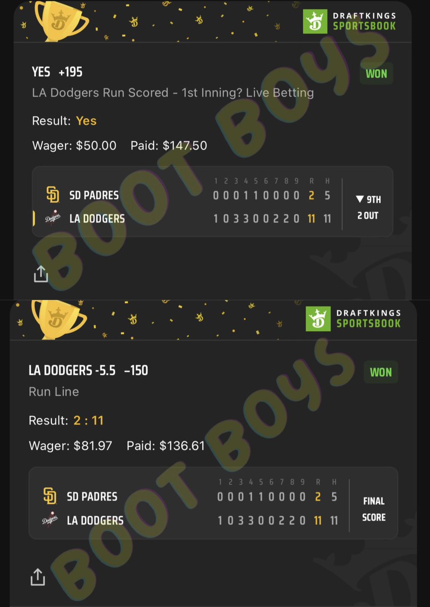 bootboyspicks's tweet image. 🔥🔥Sweat Free End to the Night 🔥🔥

+300 Dodgers SGP ✅
+380 Live Parlay ✅
+195 Dodgers YRFI ✅
-150 Dodgers Live Spread ✅

#GamblingTwitter #sportsbetting #MLB