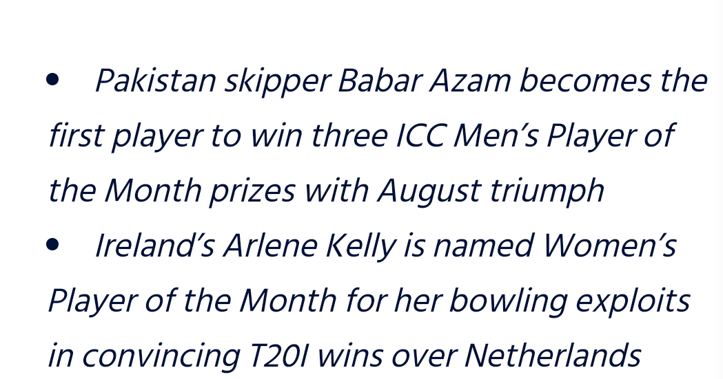 deapridi's tweet photo. Pakistan skipper Babar Azam becomes the first player to win three ICC Men’s Player of the Month prizes with August triumph
Ireland’s Arlene Kelly is named Women’s Player of the Month
#BabarAzam #PCB #PakistanCricketTeam #PAKvIND #iPhone15Pro https://t.co/lsAX5IvS24