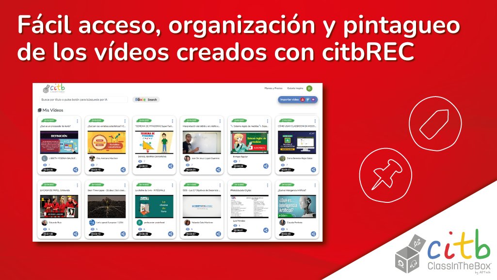 ClassInTheBox's tweet photo. 🎬 Al utilizar la extensión #citbREC🔴 de #ClassInTheBox para capturar pantalla o grabar videotutoriales, tus vídeos se alojan automáticamente en la galería "Mis Vídeos", facilitando su acceso, organización y #pintagueo. 📂 https://t.co/YNXFe4uvyd