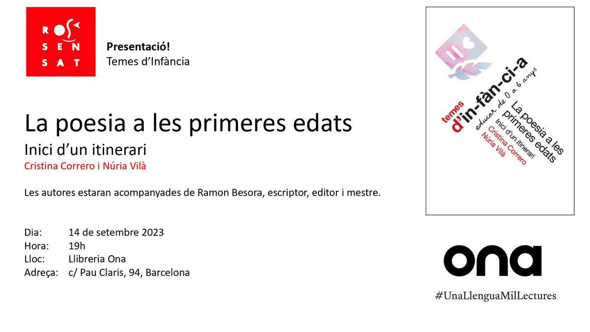 RosaSensat's tweet photo. 📢DEMÀ @OnaLlibres
☀️Et dediques a l'educació infantil i l'educació primària i necessites recursos poètics per a la formació de #petitslectors?
📖Aquesta obra reflexiona sobre les relacions entre #poesia,desenvolupament infantil,cultura i escola. Cristina Correro, Núria Vilà https://t.co/0aQMQP4pto