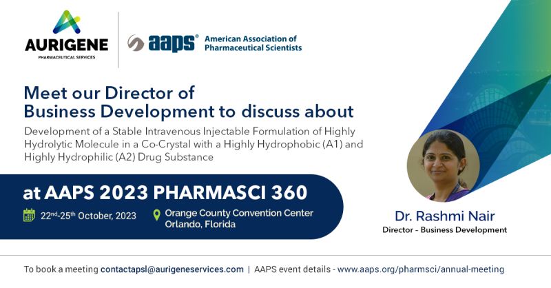 AurigenePharma's tweet image. Join AAPS for Rashmi Nair, PhD's poster presentation on our breakthrough IV formulation, featuring a stable co-crystal of a hydrolytic molecule with hydrophobic (A1) and hydrophilic (A2) drugs.
Don't miss it!
#AAPS2023 #DrugFormulation #PharmaceuticalInnovation