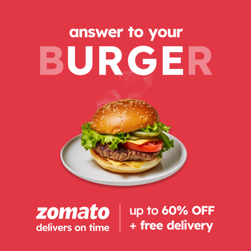 zomato's tweet photo. Grab a burgiiiiir at up to 60% OFF — only on Zomato