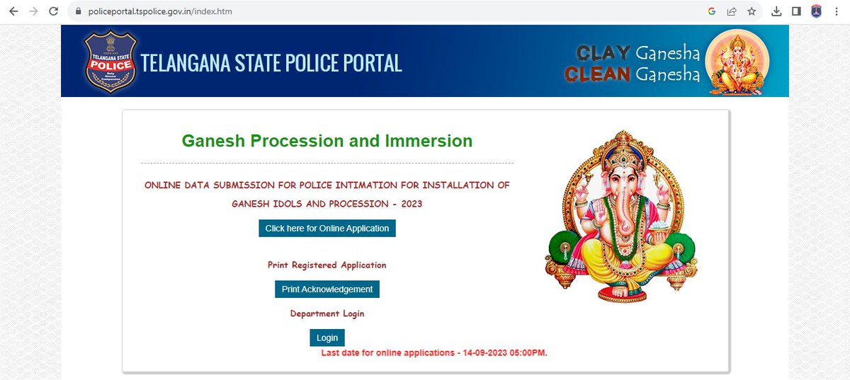 SanathnagarPs's tweet photo. ONLINE DATA SUBMISSION FOR POLICE INTIMATION FOR INSTALLATION OF GANESH IDOLS AND PROCESSION - 2023

https://t.co/7bUGrLfcgi https://t.co/G5Xlw2JmSf