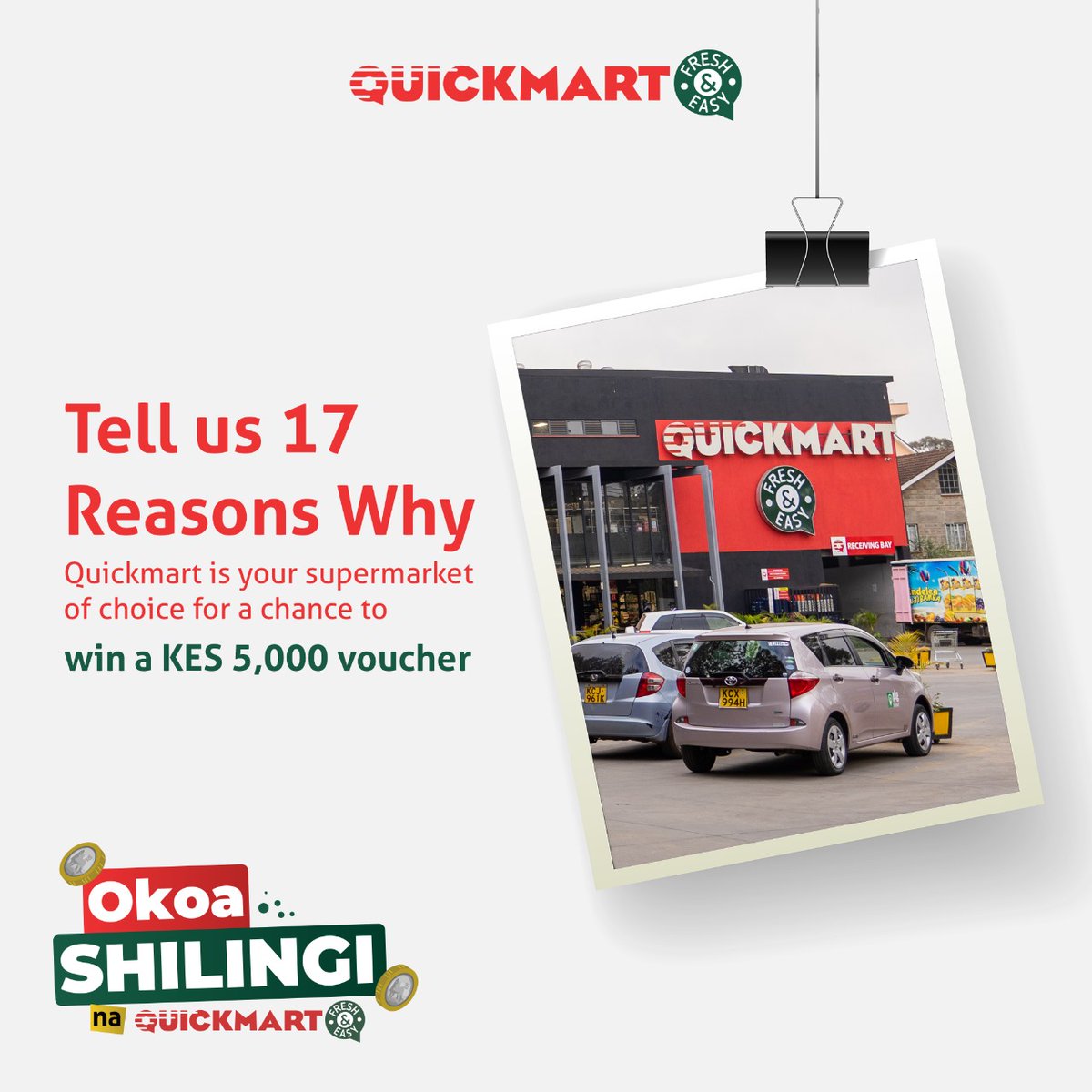 Tell us 17 reasons why Quickmart is your supermarket of choice for a chance to win  a KES 5,000 voucher. Winners will be picked at random and announced on Tuesday. T&amp;C’s apply. 

#OkoaShilingiNaQuiickmart 
#FormNi1759 
#FreshAndEasy 
#PamojaNawe