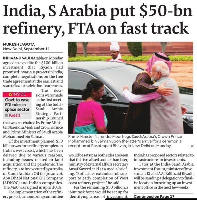 AMinputs's tweet image. India and Saudi Arabia have jointly decided to expedite the $100-billion investment pledged by Riyadh for various projects in India. Negotiations on the Free Trade Agreement (FTA) will also be fast-tracked, along with discussions on trade in local currencies. These decisions…