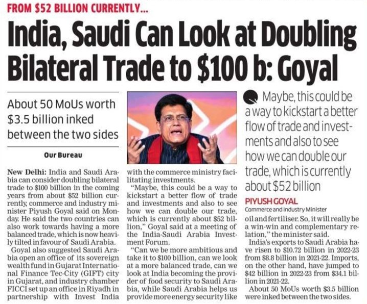 AMinputs's tweet image. India and Saudi Arabia have jointly decided to expedite the $100-billion investment pledged by Riyadh for various projects in India. Negotiations on the Free Trade Agreement (FTA) will also be fast-tracked, along with discussions on trade in local currencies. These decisions…