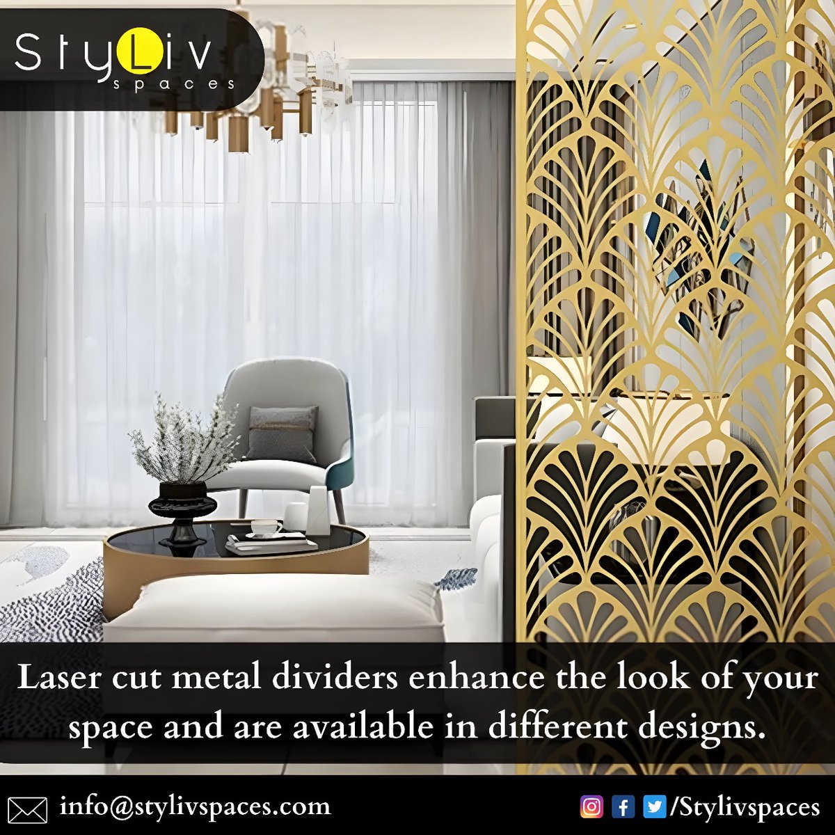 Laser cut metal dividers enhance the look of your space and are available in different designs.  stylivspaces.com   

#MetalDividers #LaserCutDesigns #SpaceEnhancement #DecorativeMetal #InteriorDesign #CustomDividers #UniqueSpaces #MetalArtistry #HomeDecor #DesignVariety
