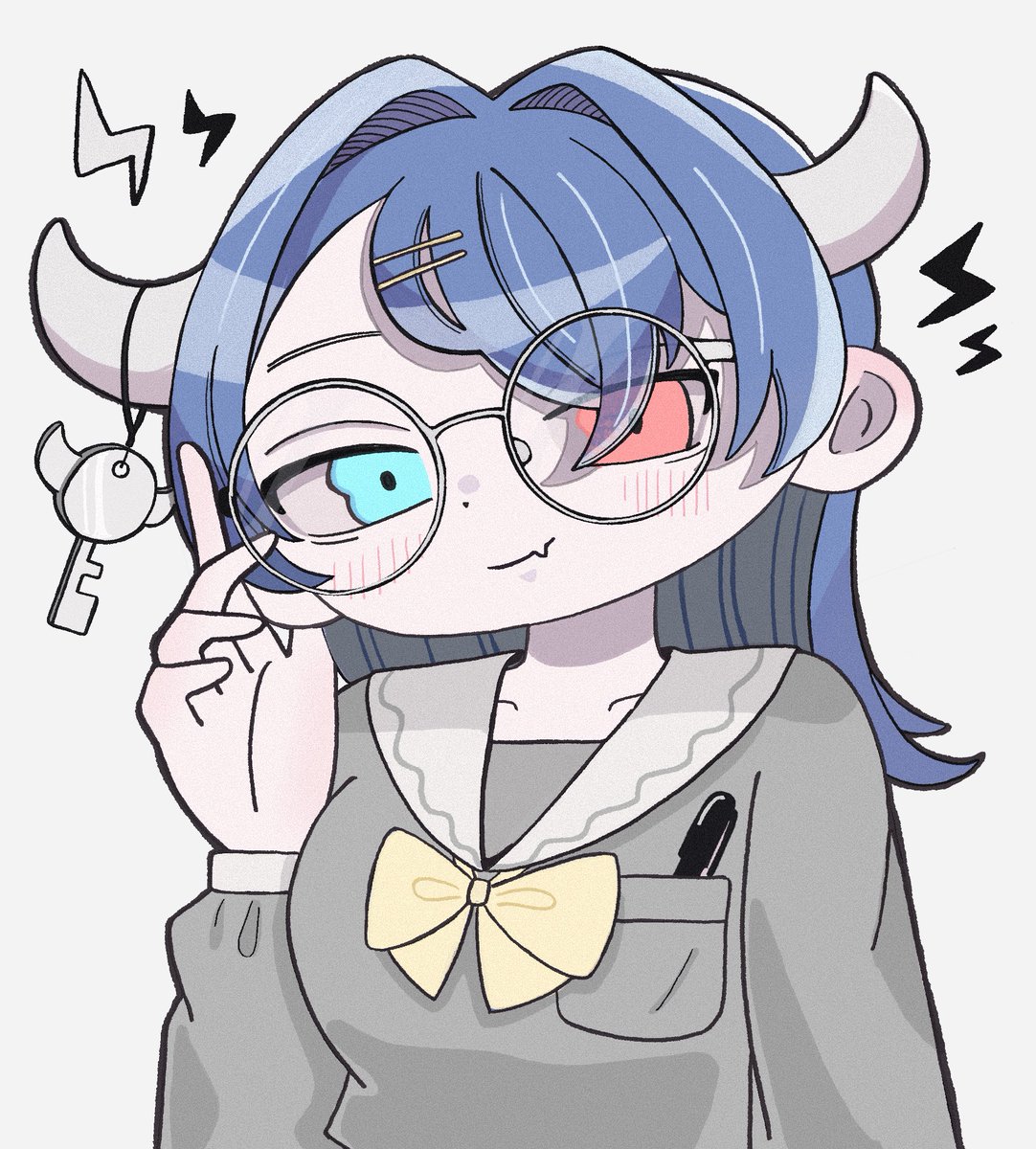 1girl horns glasses solo blue eyes blue hair red eyes  illustration images