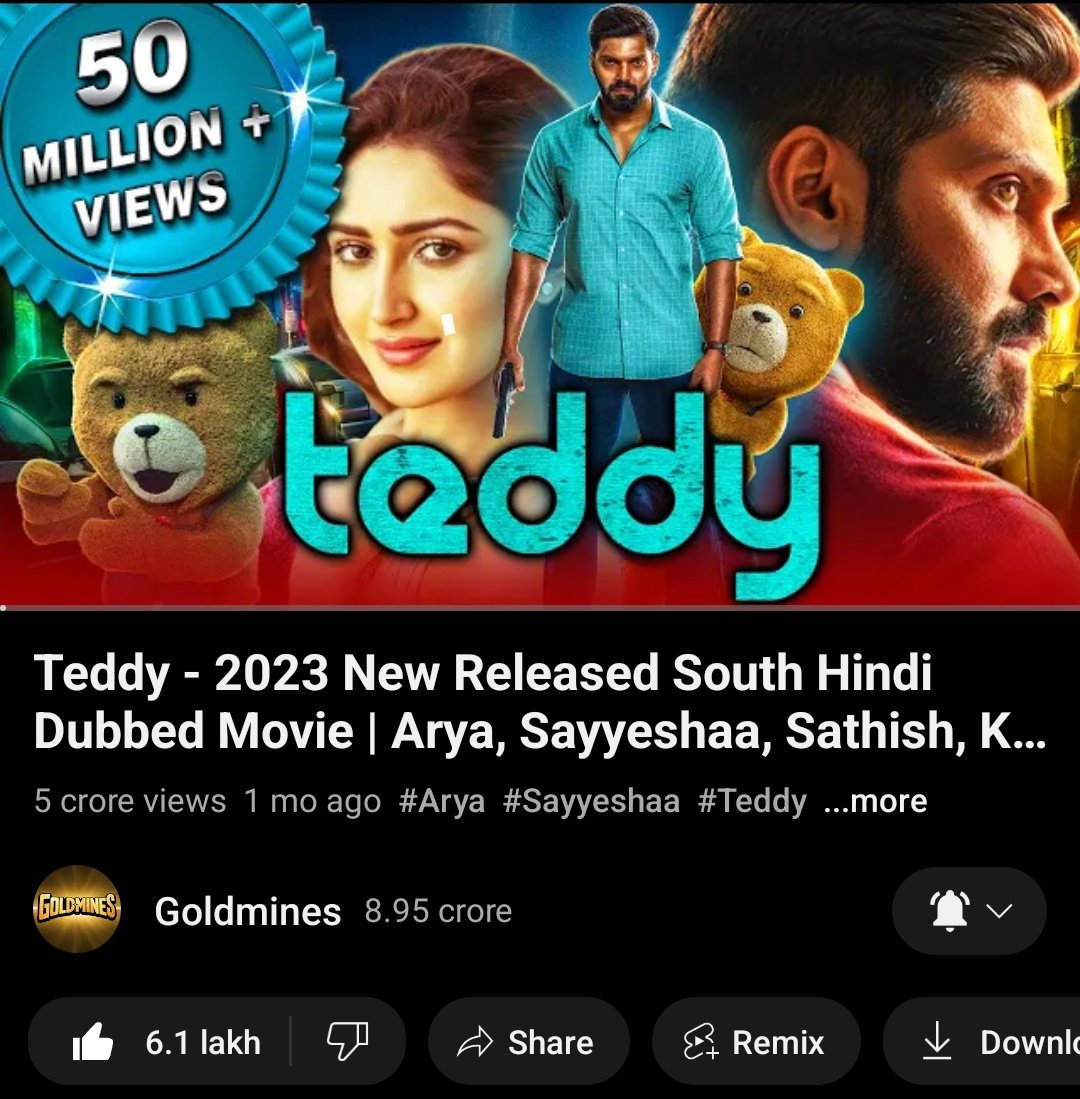 #Teddy Hindi veRsion Hits 50M+ Views & 610K+ Like 🔥 ▶️ youtu.be/jAgms4dveVw @arya_offl @ShaktiRajan @sayyeshaa @immancomposer @actorsathish @ssakshiagarwal @StudioGreen2 @kegvraja @NehaGnanavel @proyuvraaj @rameshlaus #TeddyHindi #Arya #Sayyeshaa