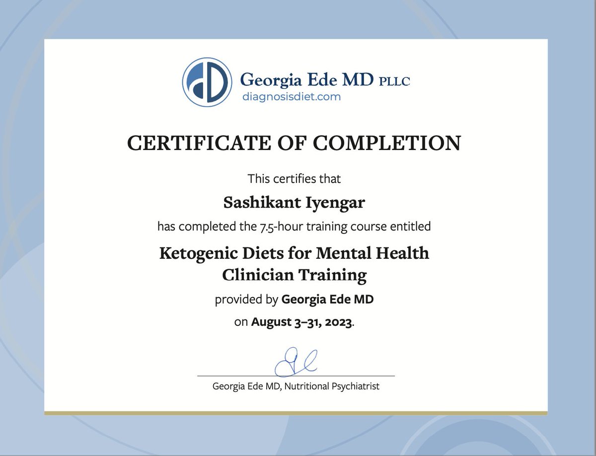 I feel privileged to hold this certification in 'Ketogenic Diet for Mental Health' by @GeorgiaEdeMD who specializes in Metabolic Psychiatry. Elevating my learning curve to deepen my knowledge. 📚🧠