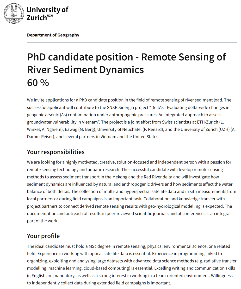🚨Job alert: PhD position🚨We're looking for a new #PhD student who will use #remotesensing to investigate the sediment transport in Vietnam river deltas.🛰️ For more info visit: jobs.uzh.ch/offene-stellen…