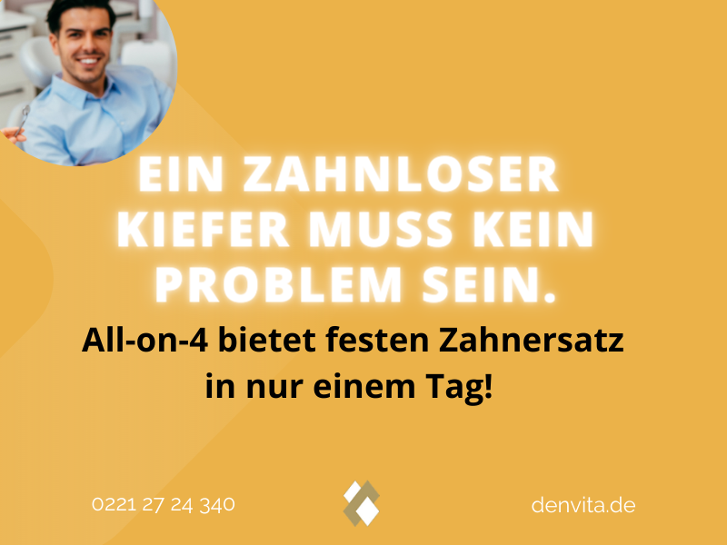 Ein zahnloser Kiefer muss kein Problem sein. 

All-on-4 bietet festen Zahnersatz in nur einem Tag! #Lebensqualität 

denvita.de