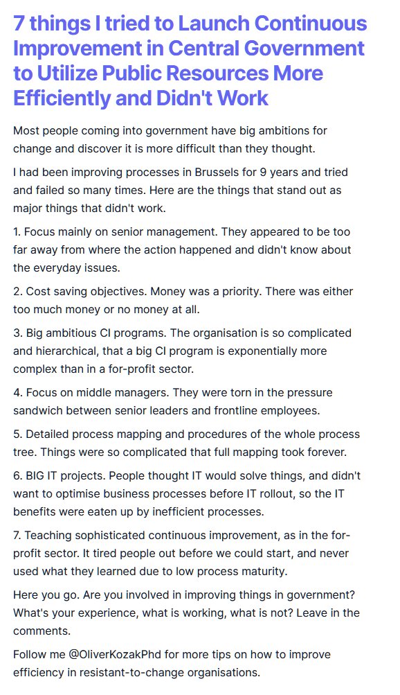 7  things I tried to Launch Continuous Improvement in Central Government  to Utilize Public Resources More Efficiently and Didn't Work

Most people coming into government have big ambitions for change and discover it is more difficult than they thought.