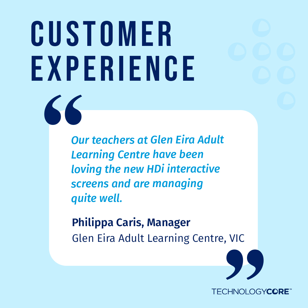 TechCoreAus's tweet photo. We are glad to hear comments and good feedback when customers recognise the effort made when we achieve great service with our products and training. 

-Philippa Caris, Manager
Glen Eira Adult Learning Centre, VIC

#technologycore #techcore #hdi #hdinteractive  #LearningWithHDi https://t.co/GWLiP9rNnT