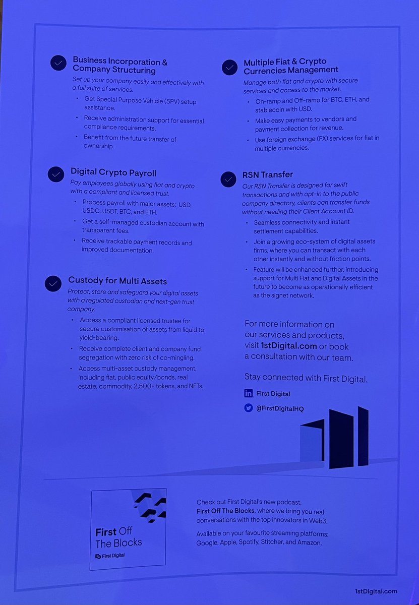 TipsCfa's tweet photo. #Token2049Singapore
#Token2049
#FirstDigital 機関投資家やHighNetworth資産家向けのカストディサービス。既存金融での長年の経験も活かす。OTCベース。 https://t.co/goUq44kDd3
