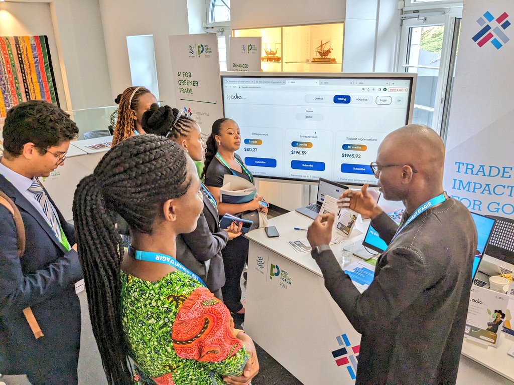 #WTOPublicForum today: come 2 the <a href="/ITCnews/">International Trade Centre (ITC)</a> stand &amp; meet with Babacar Birane, co-founder of <a href="/startupconcree/">CONCREE</a>, Senegal. Test their AI-enabled startup support tool ADIA that helps designing green business models.  #NTF5Tech. Support by <a href="/NLinGeneva/">Netherlands Mission in Geneva</a>  <a href="/NLinSenegal/">Pays-Bas au Sénégal</a> #ThisWeekatITC #kebetu