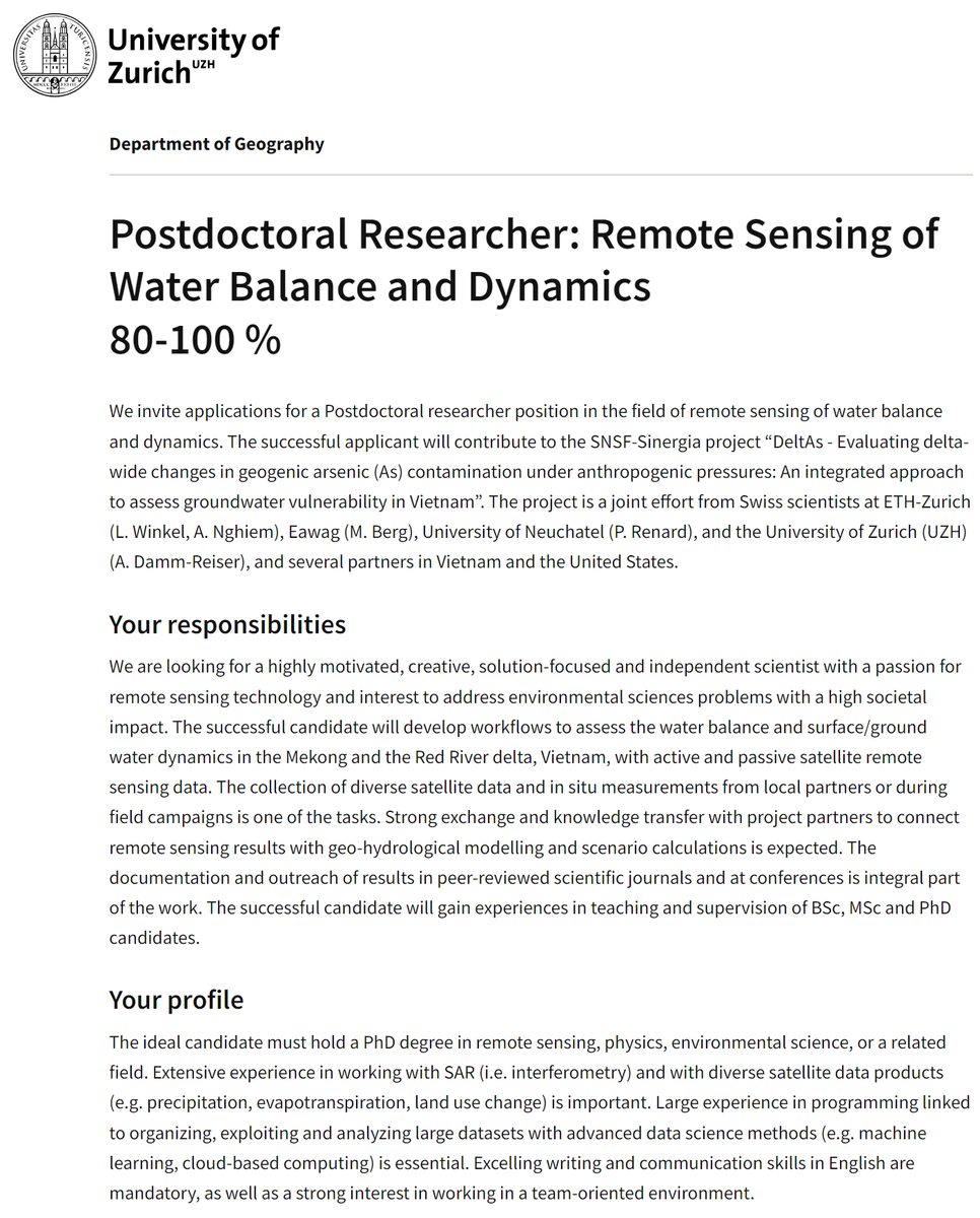 🚨Job alert: Postdoc position🚨We're looking for a new #Postdoc who will use #remotesensing to assess water balance and dynamics in Vietnam river deltas. For more info please visit: jobs.uzh.ch/offene-stellen…