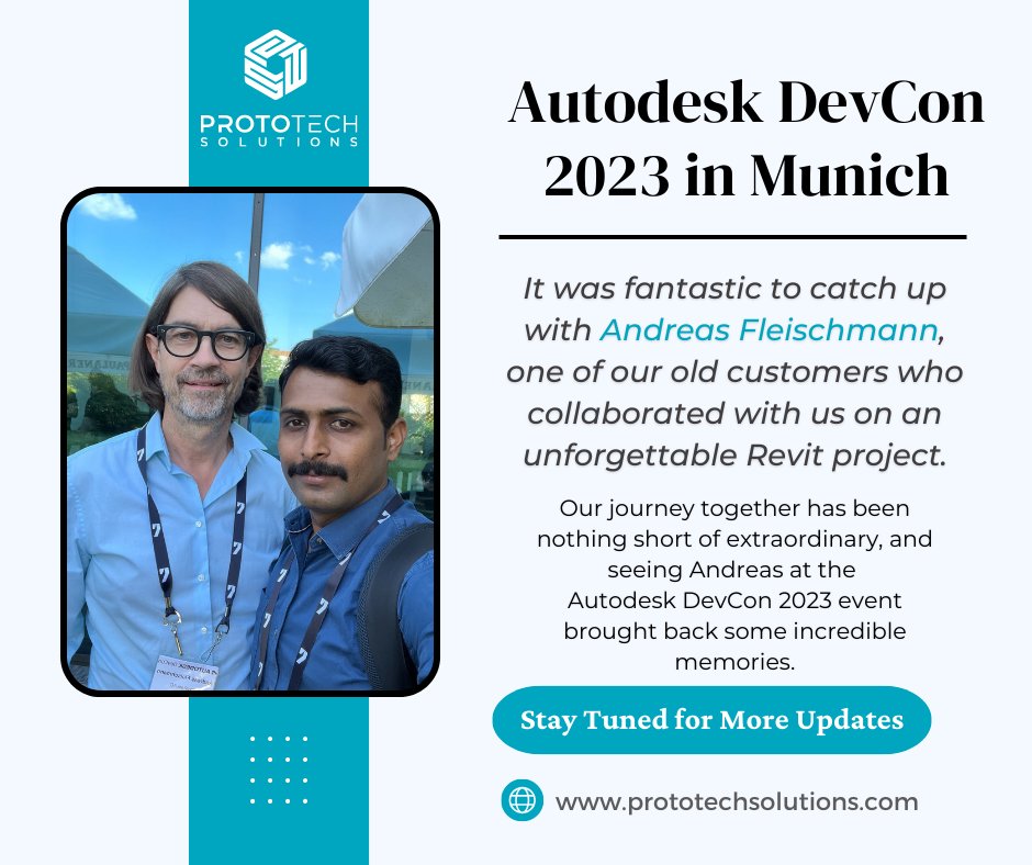 ProtoTechSoln's tweet image. Today, at the #Autodesk_DevCon_2023 event in Munich, we had the pleasure of meeting Andreas Fleischmann, one of our cherished old customers who collaborated with us on the groundbreaking Revit project. 

#AutodeskDevCon #AutodeskPlatformServices #ProtoTechSolutions