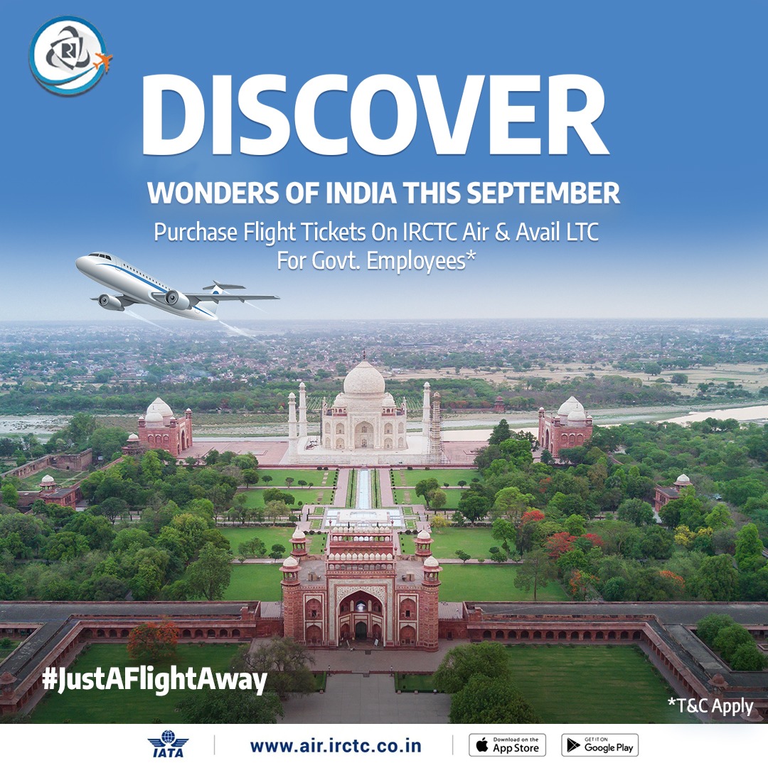 This September, #IRCTCAir brings you #JustAFlightAway from some of the finest Indian tourist destinations.

Book flights on air.irctc.co.in/download the IRCTC Air app & avail LTC for Govt. Employees.

#DekhoApnaDesh #Travel #FlightsBooking