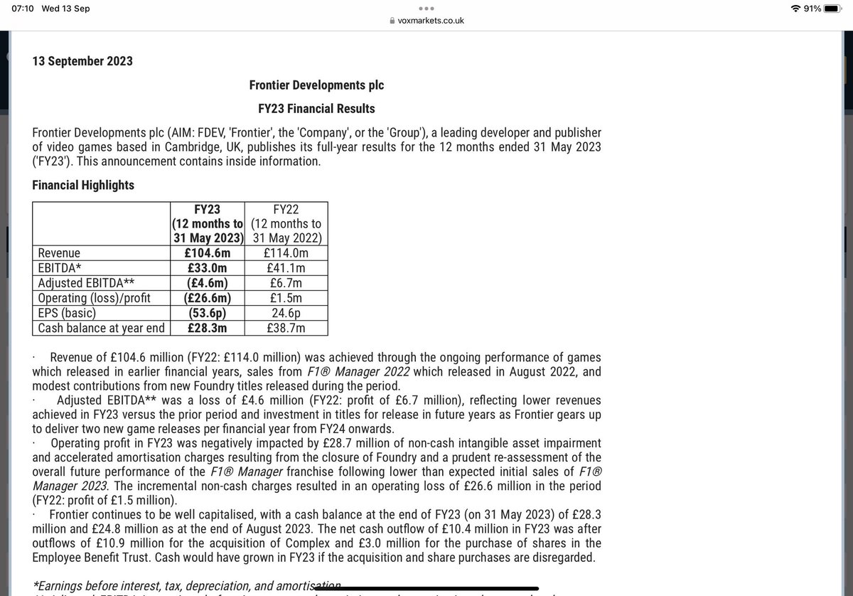reb40's tweet image. #FDEV Oh dear F1Manager has not been a winner 🏁
In fact it’s the 🏎️ at the back

Loss for FY23 &amp;amp; into FY24

All eyes on Warhammer for November with Frontier&apos;s “first entry into the popular real-time strategy (RTS) genre will be released. Warhammer Age of Sigmar: Realms of Ruin”