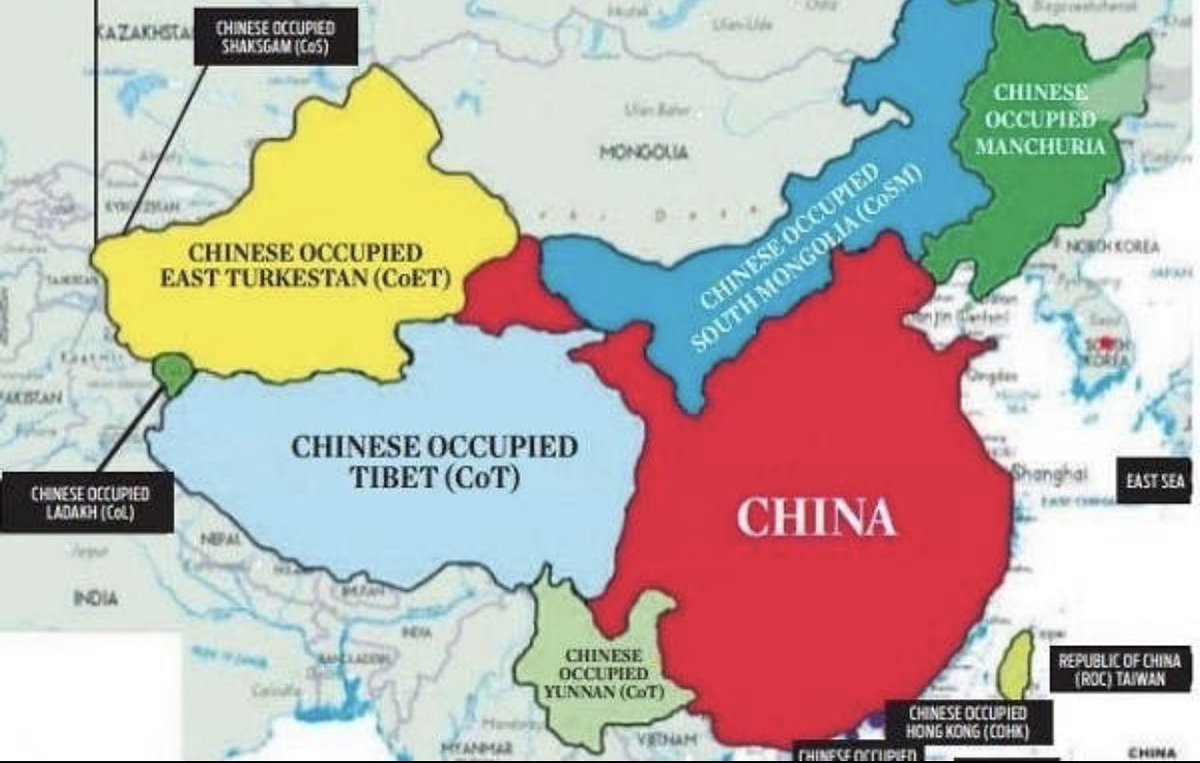 imjsyadav's tweet photo. This is the actual map of China. One can see clearly from it that more than half of so called Chinese territory is forcefully occupied by China. Their expansionist mindset still going on. https://t.co/hqRDgf27JN