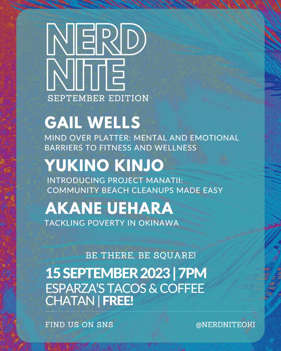 Nerd Nite is back for a sparking September showcase of superb speakers!

All in the usual place at the usual time:
Esparza's Tacos &amp; Coffee 
7pm sharp, Friday 15th September

Be there, be square!