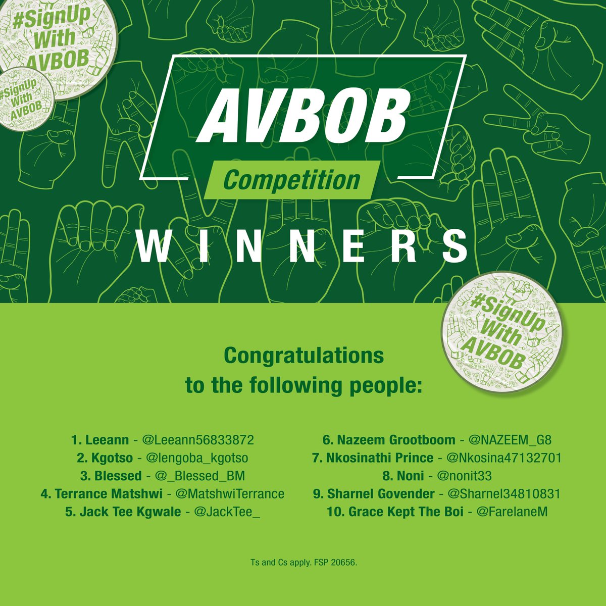 AVBOBSA's tweet photo. π
Congratulations to the TEN R100 Airtime Voucher Winners of the #SignUpWithAVBOB Competition!
Remember, if you did not win, you still have the opportunity to participate every Thursday at 12:00 PM during the month of September. Donβt miss out!
#SignUpWithAVBOB #HeritageMonth https://t.co/reTc52szJ6