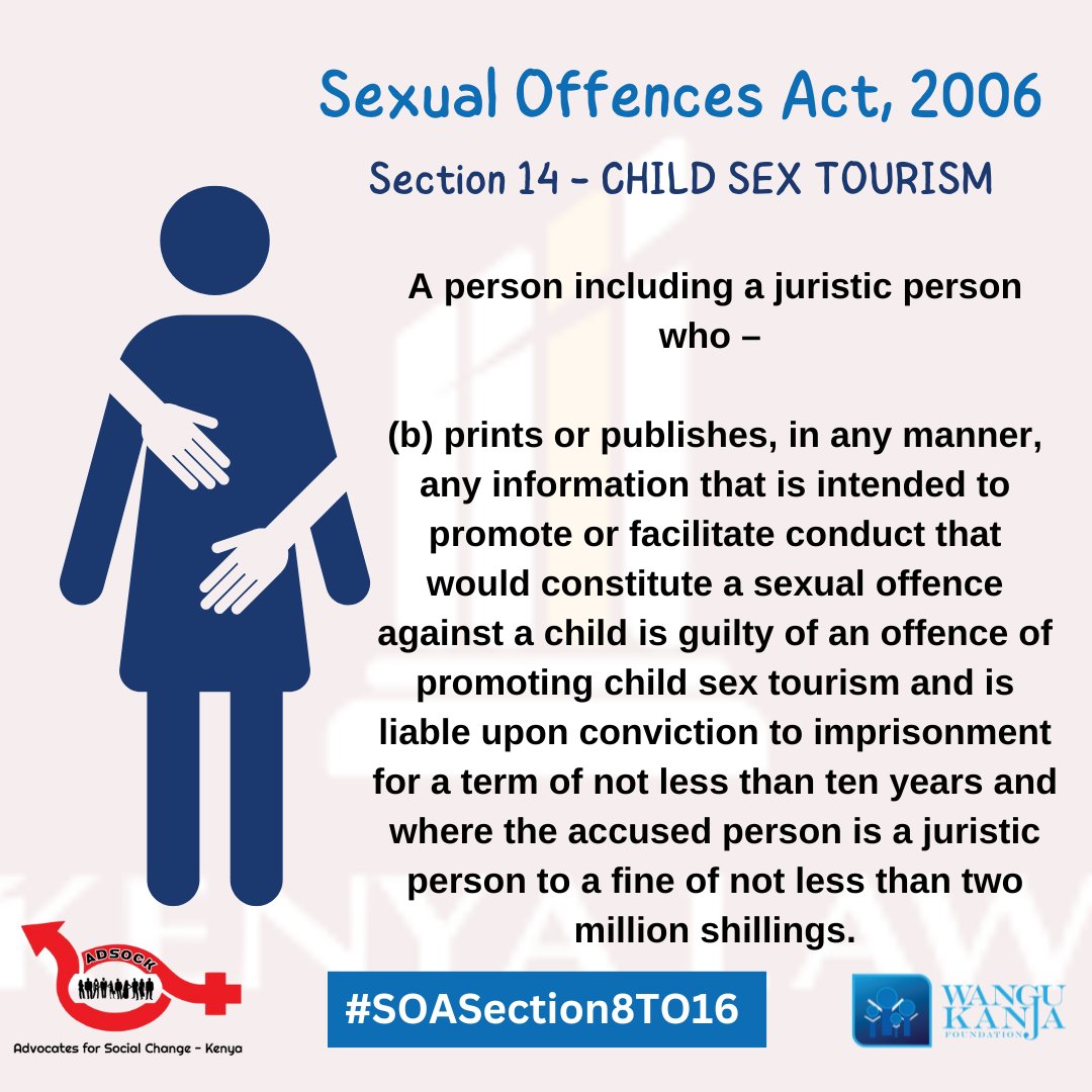 WanguKanjaF's tweet photo. Section 14 of the Sexual Offences Act highlights Child sex tourism
A person including a juristic person who is guilty of an offence of promoting child sex tourism and is liable upon conviction to imprisonment for a term of not less than ten years. #SOASection8To16 https://t.co/wiSgpZsv5F