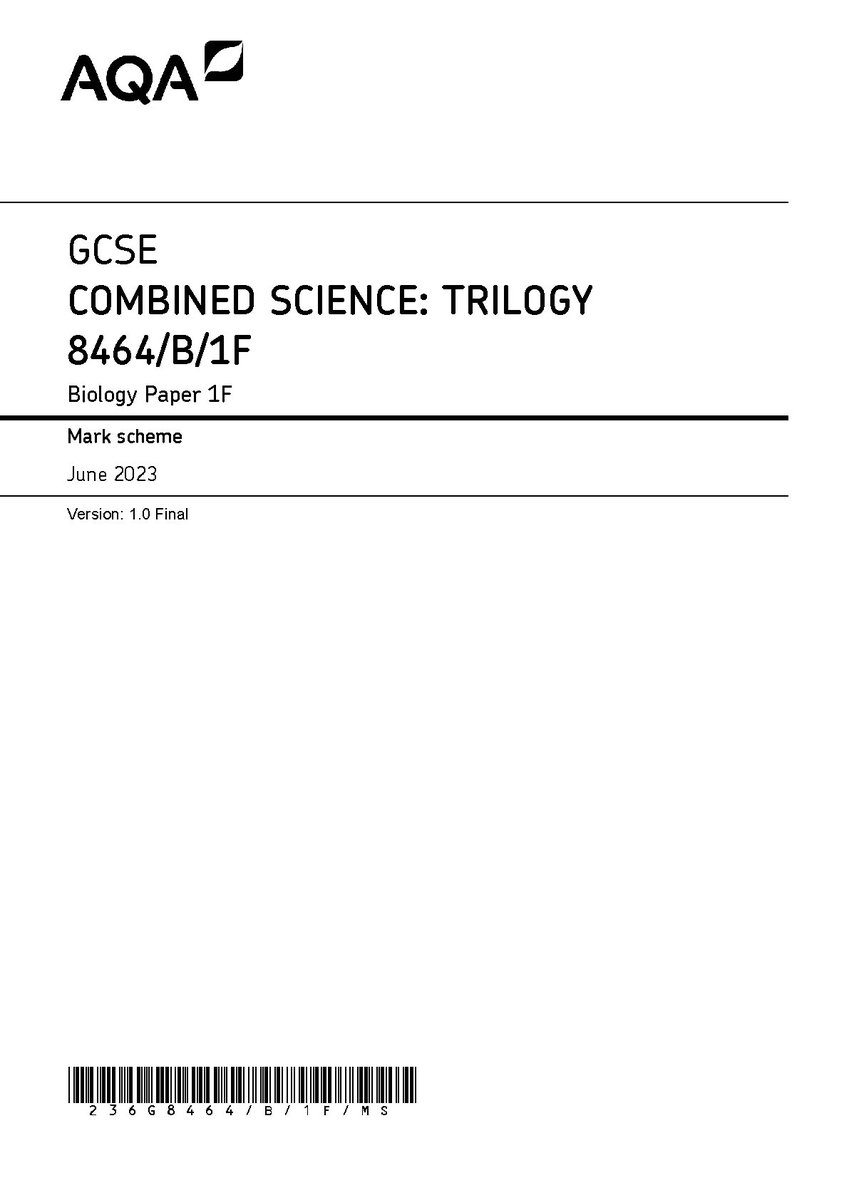 StudyResoures's tweet image. AQA GCSE COMBINED SCIENCE: TRILOGY PAPER 1F JUNE 2023 MARK SCHEME (8464/B/1F)
#aqa #gcse #combinedscience #trilogy #paper1f #markscheme #fliwy 
fliwy.com/item/378255/aq…