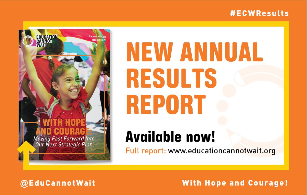 📔New #ECWResults Report has launched!

Learn how @EduCannotWait & strategic partners are delivering results with speed+agility for children & adolescents caught in emergencies & protracted crises around the 🌎.

Download Report➡️bit.ly/ECWResults22
@UN #222MillionDreams✨📚