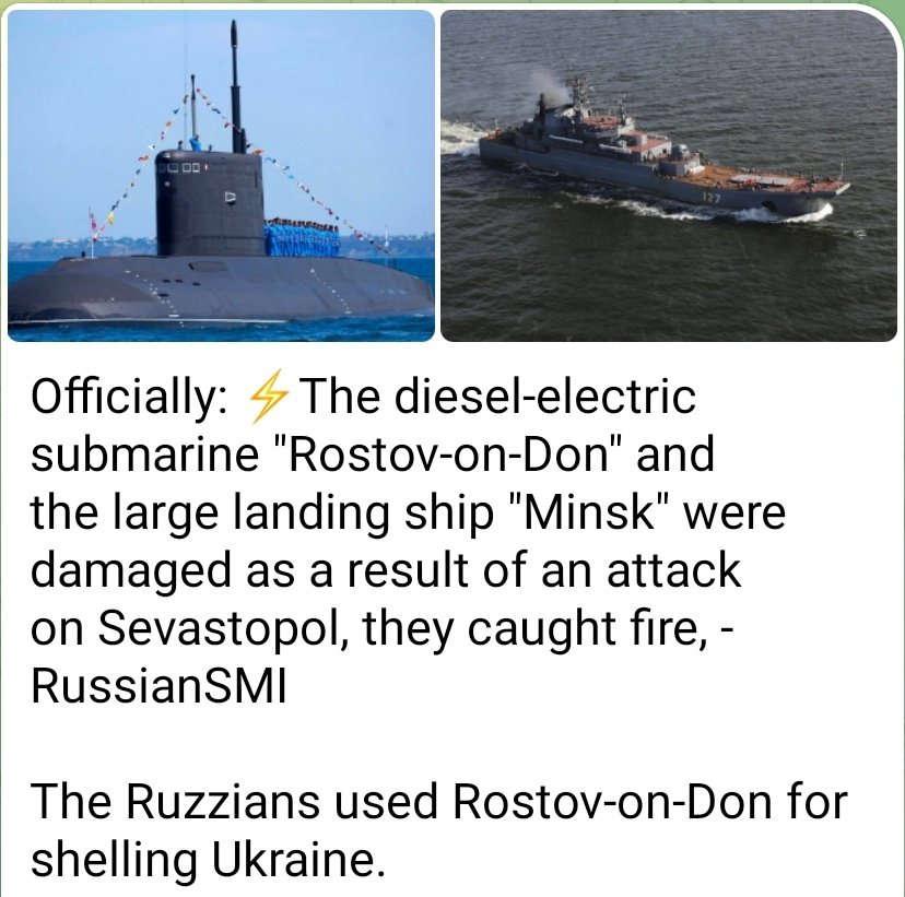 In de Oekraïense aanval op #Sevastopol van eerder vandaag zijn 2 scghepen beschadigd. Een onderzeeboot en een landingsboot.
