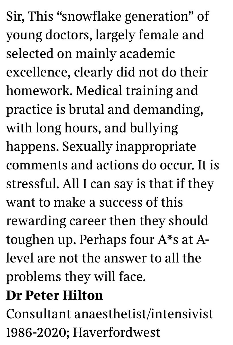 Yesterday we learned of the disgusting sexual abuse female surgeons experience in the NHS.

Today, writing in the Times, recently retired anaesthetist Peter Hilton unintentionally shows exactly why disgusting sexual abuse in the NHS still thrives &amp; prospers. Un - be - lievable.