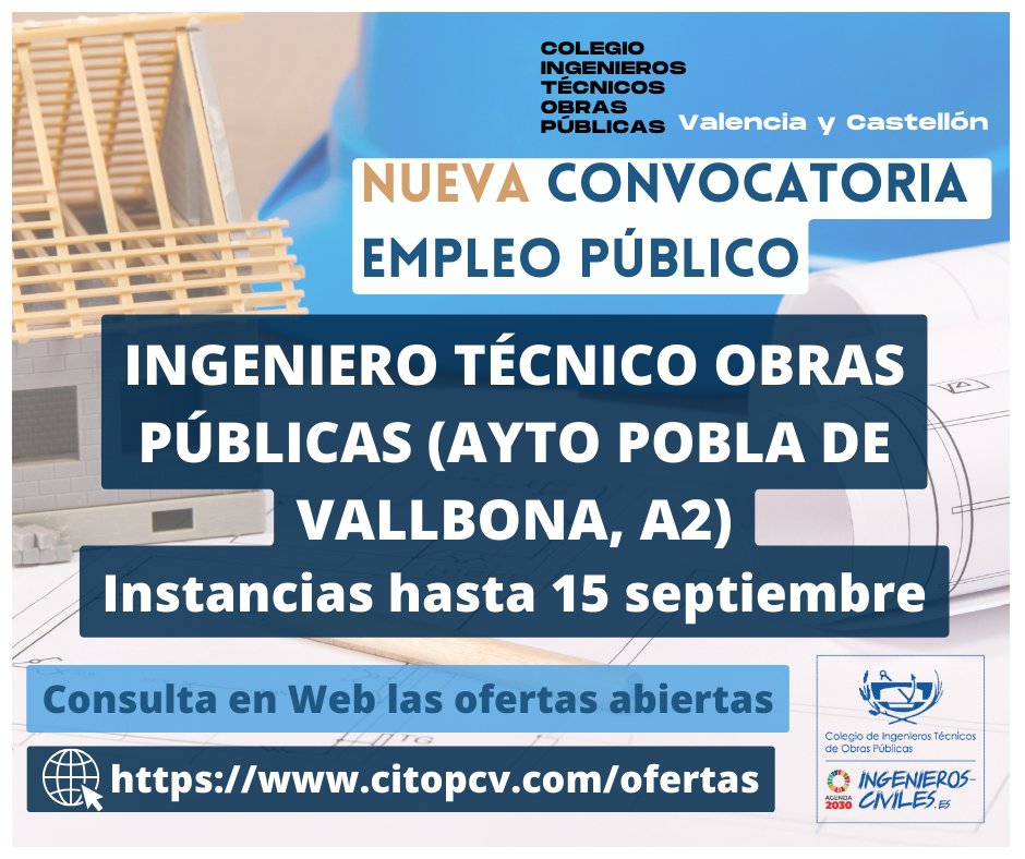 citopcv's tweet image. 📣 Consulta en nuestro Portal de #EMPLEO ✅ los requisitos para acceder la 1️⃣ plaza ofertada por el @ajtlapobla 👉 de Ingeniero Técnico de Obras Públicas 🏗️ ➡️ enmarcada dentro del programa de empleo jóven #EMPUJU de @GVAlabora