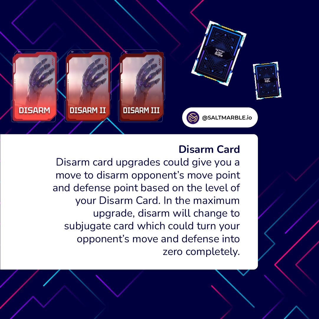 saltmarble's tweet photo. Let's dive deep into the Saltmarble Card Game Ver 1.0 strategy tips. This time we will be discussed more about the suitable gameplay for the defensive type player. Swipe to know more about DISARM CARD ! #Saltmarble #NFT #Web3Gaming #CardBattle https://t.co/lFzEPIsKnO