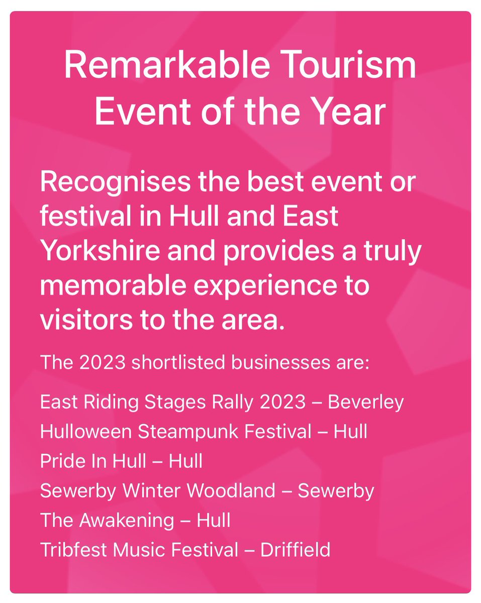 💫 We are pleased to have been shortlisted for the <a href="/VHEY_UK/">Visit Hull & East Yorkshire</a> #REYTA – Remarkable Tourism Event of the Year!
   
Winners will be announced 9th Nov 🤞

The full shortlist can be found here visithullandeastyorkshire.co.uk/reytas/

Good luck to everyone 🍀