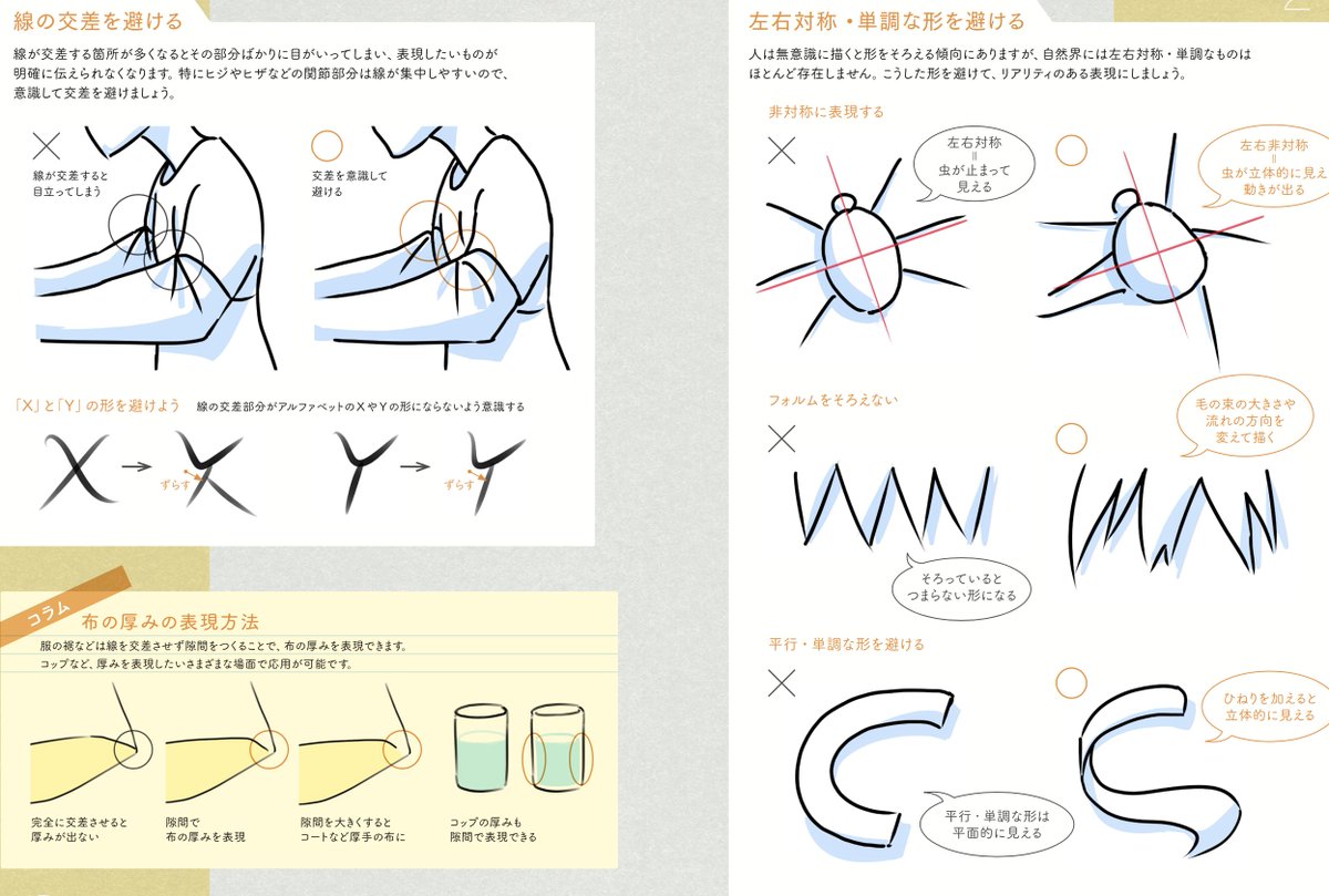 【線のまとめ方ノウハウ】 線をたくさん描いても絵は豪華にならない!! 全ての線が完成イメージのためにコントロールされていないと途端に絵がダメになる。 髪の毛はただのギザギザになり、服のシワは質感を無視したテクスチャ、柄になってしまう。 首の筋線も毎回つければいいわけじゃない。 入れたら筋肉質、年老いた印象になる。 もしも美少女にも入れたら? 肌の柔らかさは失われて可愛くなくなる。 線の多少は用途に合わせて使い分けないとダメ。 いつも描いてるから、なんとなく…で描いてると気づいたら気持ちの悪い意味不明な表現になっていったりする。 最良、最速の線の練習方法は? 上手い絵、好きな絵の同トレスです!! 同トレスとは線の入り抜き、カーブ全てをそのままトレスすること。 これはめちゃくちゃ難しいですができるようになると、自分の清書の時に迷いが減って爆速で描けるようになります。 いわゆる「迷い線」とはどうまとめていいかのインストールがされていないから。 それを学ぶのが同トレスです。