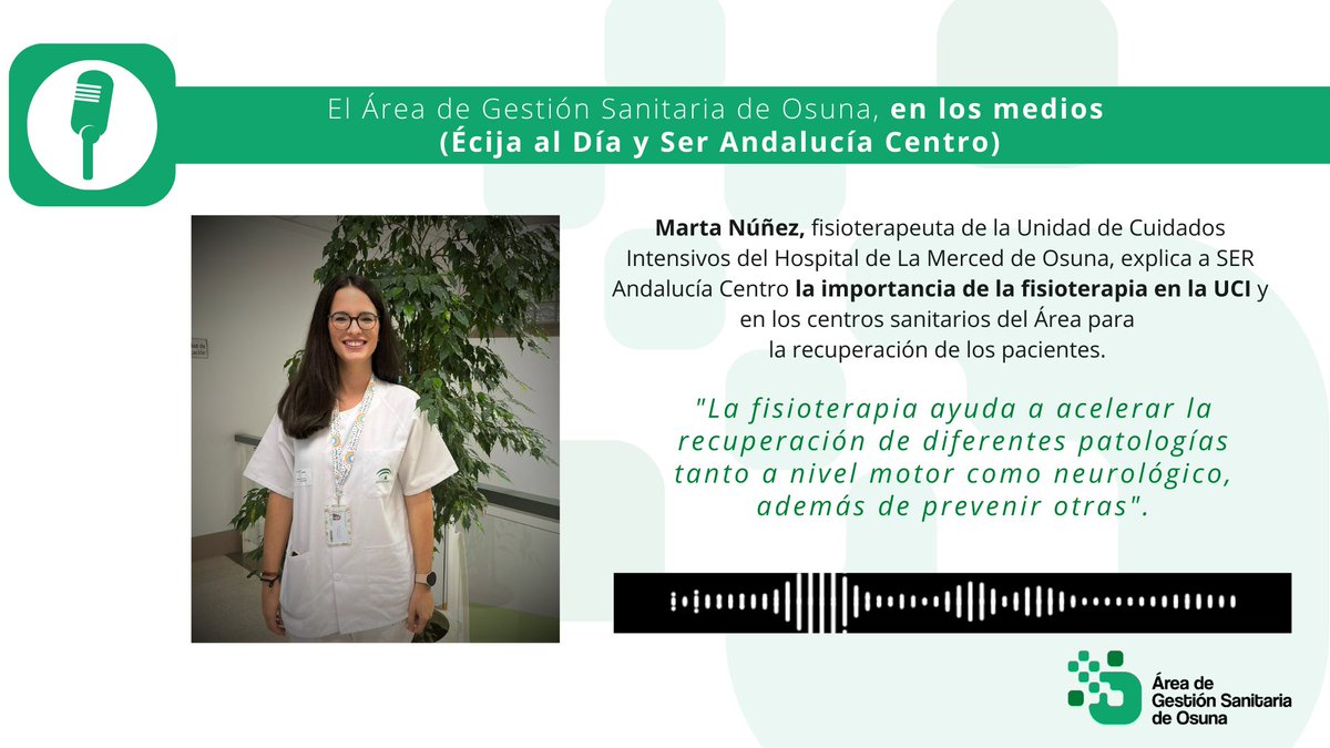 🎙️📻 Marta Núñez, fisioterapeuta de la UCI del @AreaOsuna, en <a href="/AndaluciaCentro/">Ser Andalucia Centro</a>:

🗣️"La fisioterapia ayuda a acelerar la recuperación de diferentes patologías a nivel motor y neurológico, además de prevenir otras" #FisioterapeutasUCI 

Entrevista completa 👉youtu.be/-ID08n6SwEQ