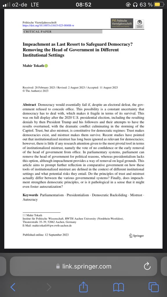 Happy to see this one coming out open access. Check out my latest #research on institutionalised mistrust and impeachment, published with @SpringerNature in @PVS_journal. 'Trust makes democracies exist; mistrust makes them survive' link.springer.com/article/10.100…