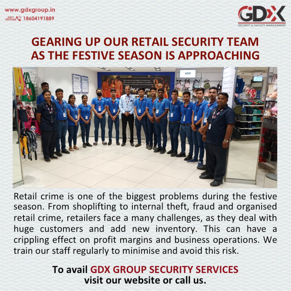 Gearing up our retail security team as the festive season is approaching. Retail crime is one of the biggest problems during the festive season. We train our staff regularly to minimise and avoid retail crimes.
#GDXGroup #GDXtech  #SecurityServices #GDXtraining #RetailCrimes