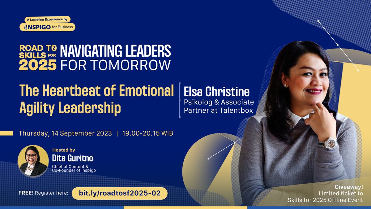⁉️ Leader harus selalu positif.
⁉️ Leader nggak boleh nangis.
⁉️ Leader nggak boleh nunjukin perasaannya.
Apa iya?

Yuk ngulik gimana cara ningkatin emotional agility dalam kepemimpinan bareng Elsa Christine.

Daftar di sini: bit.ly/roadtosf2025-02